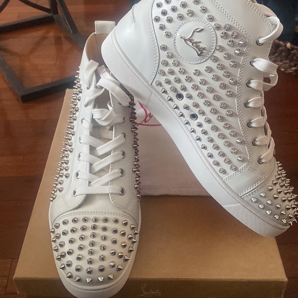 white high top Christian Louboutin men’s shoes.  white with silver spike size 45